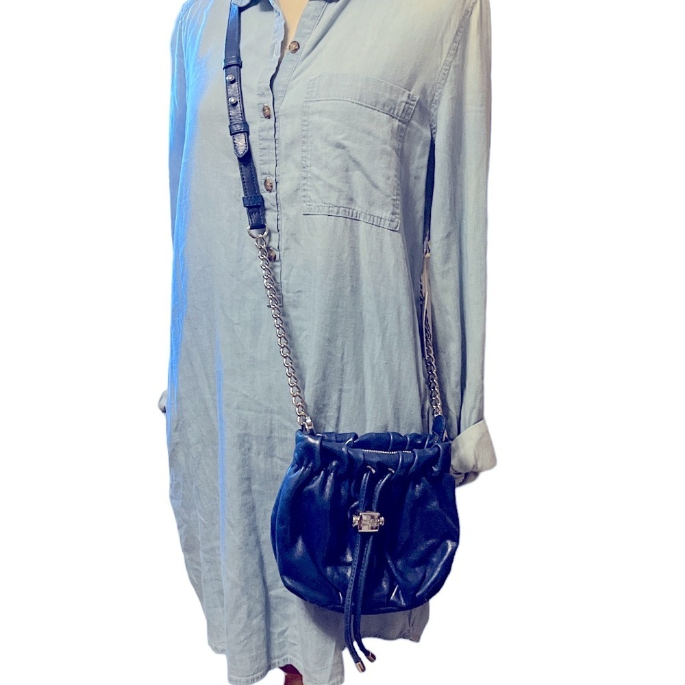Badgley Mischka blue leather crossbody bag with silver hardware